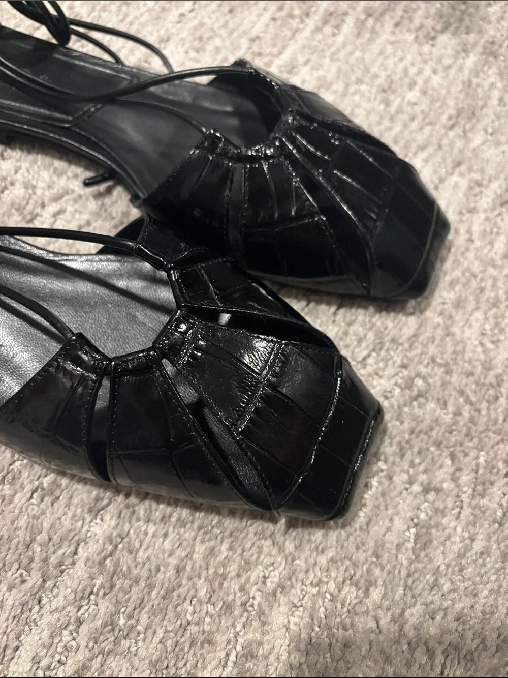 Massimo Dutti Black Croc-Embossed Square-Toe Lace-Up Flats size 8